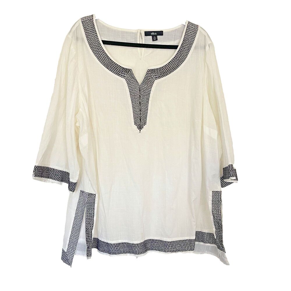 Ellos Womens 1X Blouse White Black Embroidered Tunic Cotton Cruise Resort Wear